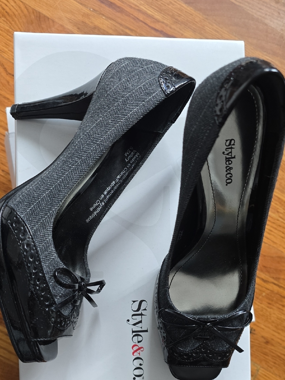 Style & Co. Gray Tweed and Black Pinstripe Peep-Toe Heels - US 5.5